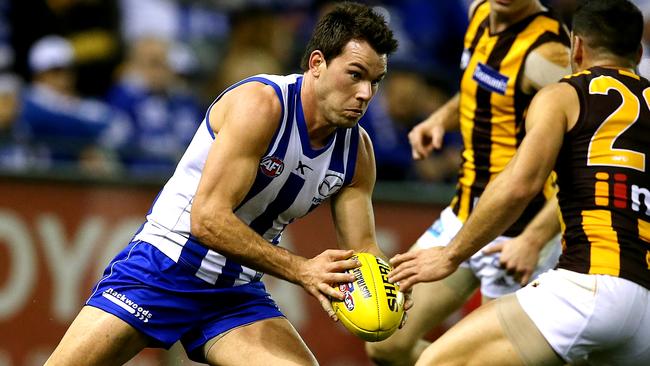 Kangaroo midfielder Levi Greenwood in action against Hawthorn. Picture: Wayne Ludbey