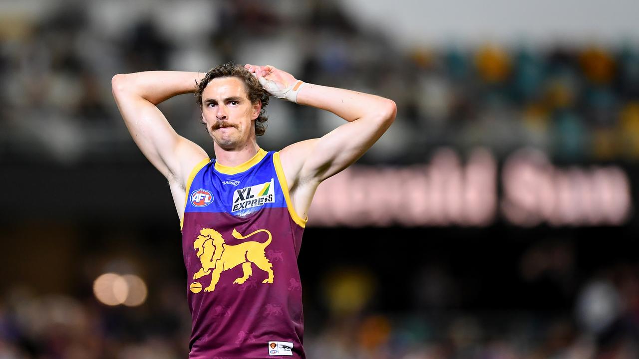 BRISBANE, AUSTRALIA - SEPTEMBER 04: Joe Daniher of the Lions reacts during the AFL 1st Semi Final match between the Brisbane Lions and the Western Bulldogs at The Gabba on September 04, 2021 in Brisbane, Australia. (Photo by Albert Perez/AFL Photos via Getty Images)