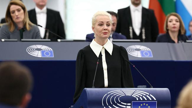 Yulia Navalnaya addresses the European Parliament last month. Picture: AFP