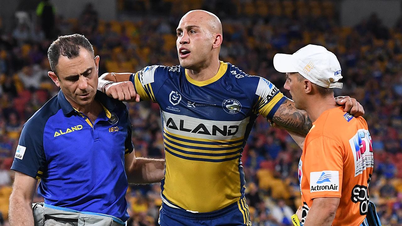 Blake Ferguson is injured during last year’s finals match against the Storm.