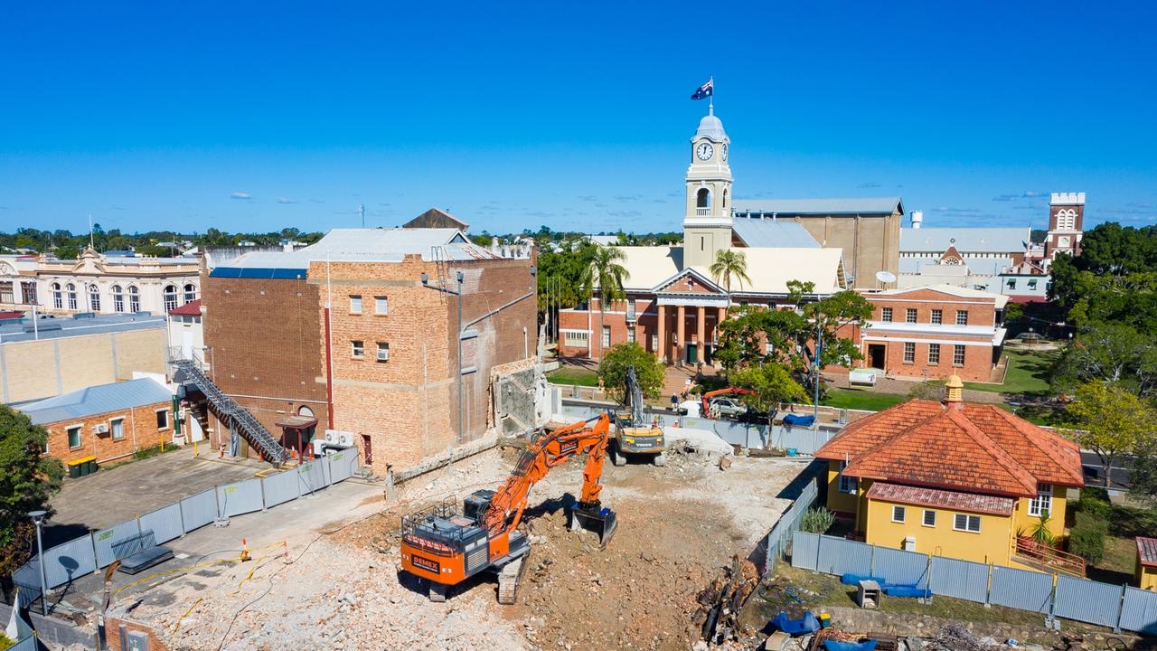 Drone shot of the Fraser Coast Regional Council administration building in Maryborough being demolished. Picture: Aaron Skuse