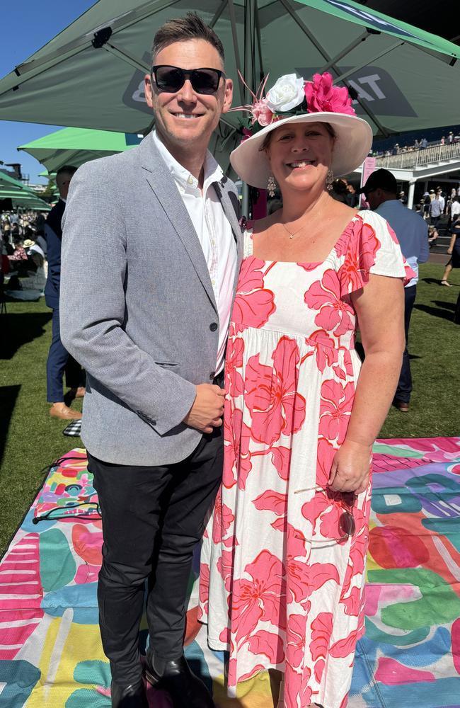 Chris and Tracey Holmes at the Melbourne Cup at Flemington Racecourse on November 5, 2024. Picture: Phillippa Butt