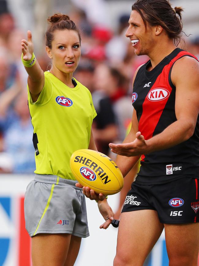 Eleni Glouftsis umpires the AFL’s JLT Community series match between Geelong and Essendon. Picture: Michael Klein