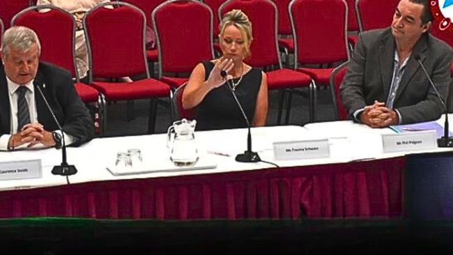 Ex-Logan City councillors Laurie Smith, Trevina Schwarz and Phil Pidgeon address a parliamentary committee last year. Picture: Queensland Parliament