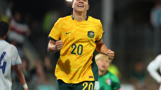 PERTH, AUSTRALIA - NOVEMBER 01: Sam Kerr of the Matildas celebrates her goal during the AFC Women's Asian Olympic Qualifier match between Australia Matildas and Chinese Taipei at HBF Park on November 01, 2023 in Perth, Australia. (Photo by James Worsfold/Getty Images)