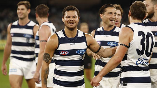 MELBOURNE, AUSTRALIA – MAY 07: Brandan Parfitt of the Cats celebrates during the 2021 AFL Round 08 match between the Richmond Tigers and the Geelong Cats at the Melbourne Cricket Ground on May 07, 2021 in Melbourne, Australia. (Photo by Dylan Burns/AFL Photos via Getty Images)