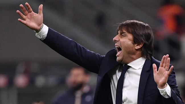 Inter Milan’s head coach Antonio Conte shouts instructions from the sideline at the San Siro stadium in Milan. Picture: AFP
