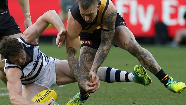 BROWNLOW FIGHT: Geelong’s Patrick Dangerfield (left) and Richmond’s Dustin Martin are locked in a titanic two-way battle for this year’s Brownlow Medal. Picture: Wayne Ludbey.