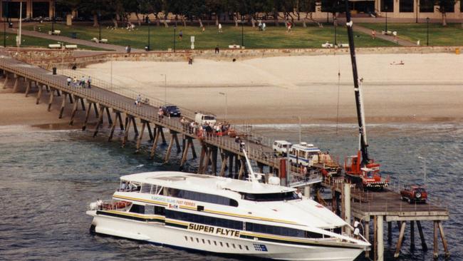 The $6 million MV Superflyte, pictured at the Glenelg jetty on its arrival from Fremantle in October 1994.