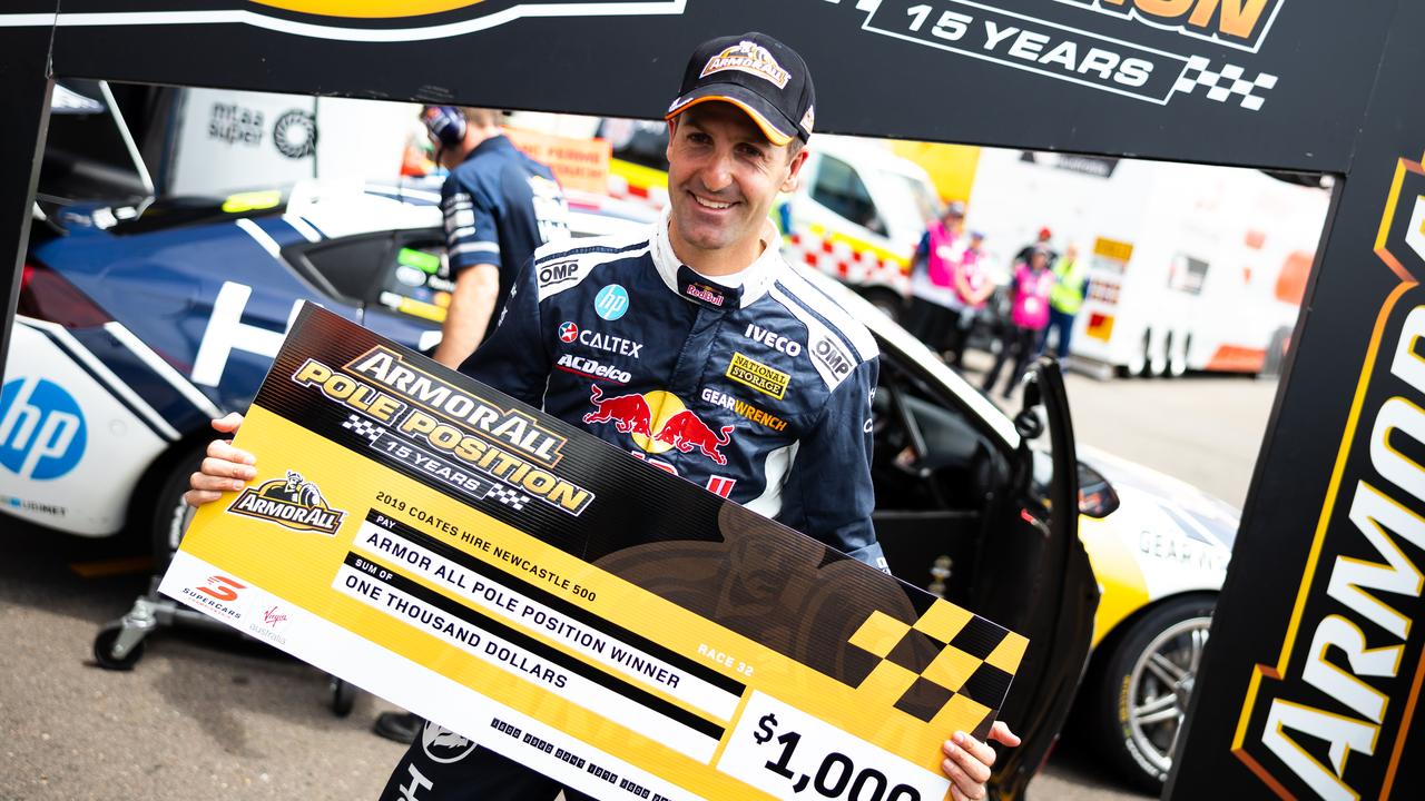Jamie Whincup celebrates after taking pole position for Race 32. Picture: Daniel Kalisz