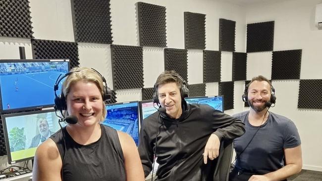 Leisel Jones, Basil Zempilas and Ian Thorpe calling the swimming. Pic: Basil Zempilas Twitter