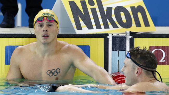 A confused Isaac Cooper reacts after winning the 50m backstroke final, which was later re-run due to a false start. Picture: Getty Images