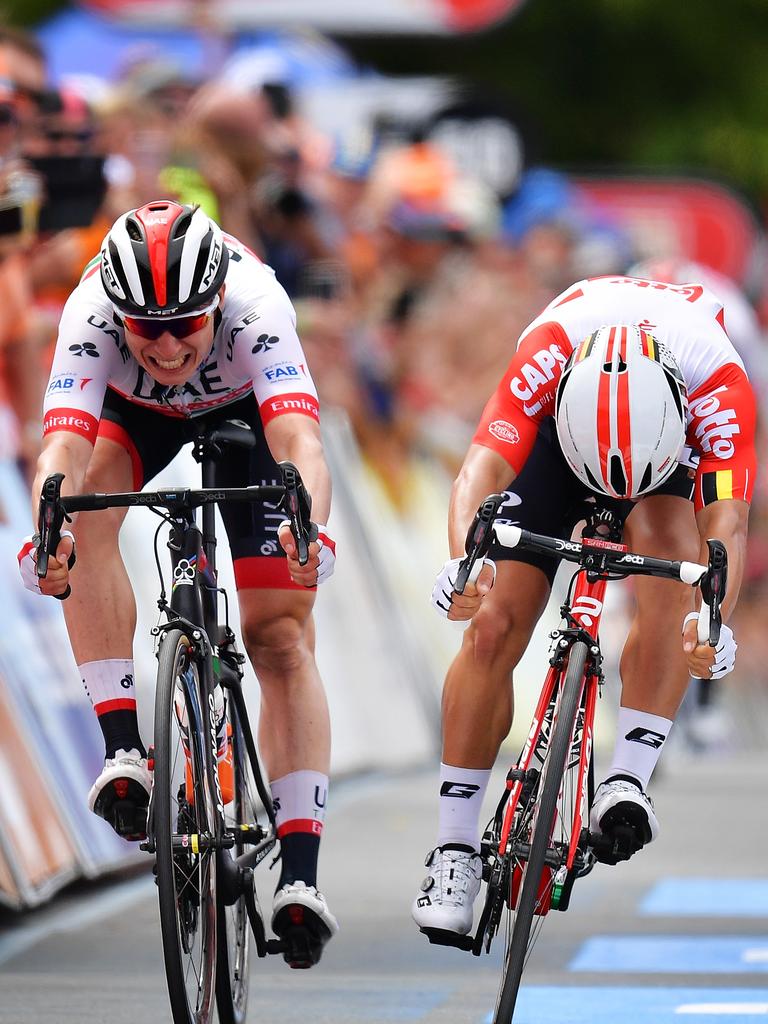 Caleb Ewan, produces a blistering sprint to the Stage 5 finish at Strathalbyn to edge out Belgian rider Jasper Philipsen, only to be stripped of the win. Picture: Daniel Kalisz/Getty Images