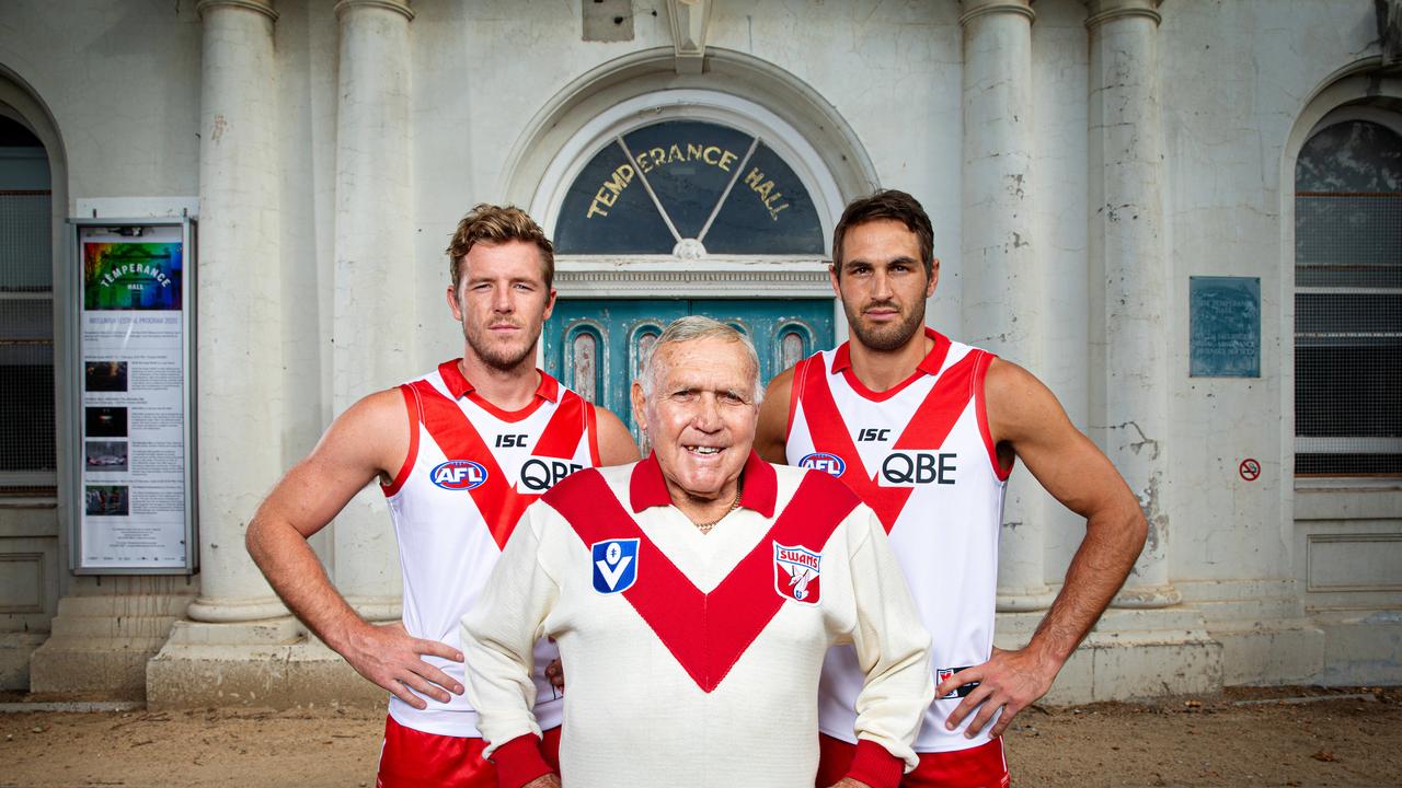 Luke Parker, Bob Skilton and Josh Kennedy at South Melbourne’s Temperance Hall. Picture: Mark Stewart