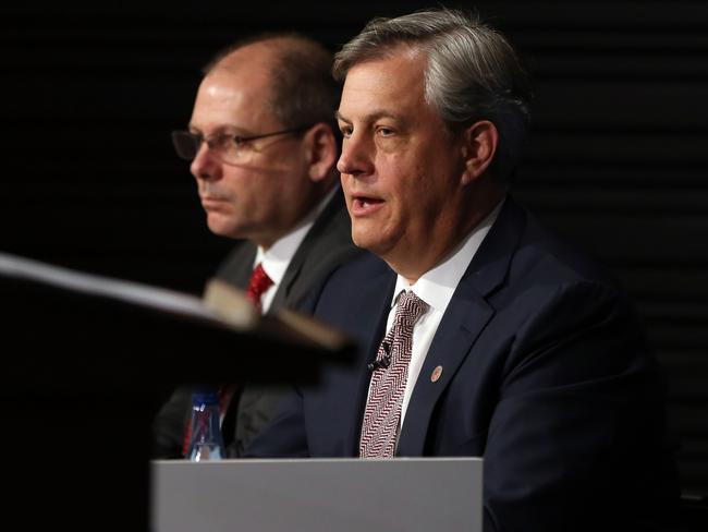 Brian Hartzer with Peter King, who has replaced him as Westpac CEO. Picture: Jane Dempster/The Australian