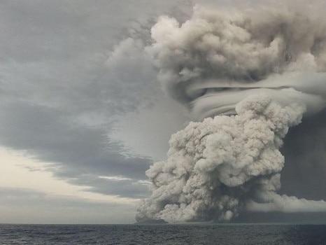 Powerful undersea volcano eruption in Tonga on Friday Jan 14, 2022. The latest eruption of the Hunga Tonga-Hunga Ha\\'apai volcano came just a few hours after Friday\\'s tsunami warning was lifted. Tonga Geological Services/EYEPRESS