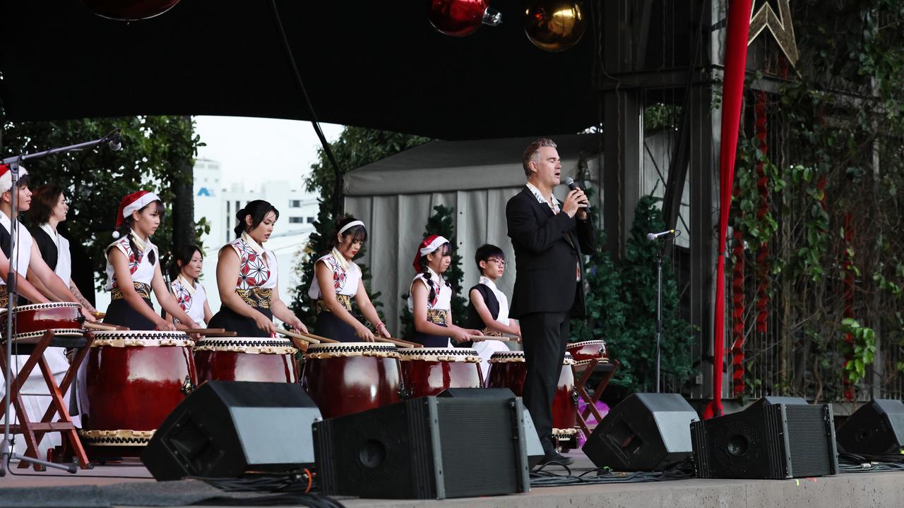 Adrian Strooper and Drum Infinity Japanese drumming group open the Carols in the Park, held at Munro Martin Parklands. Picture: Brendan Radke