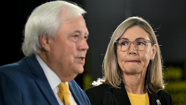 SUNSHINE COAST, AUSTRALIA - APRIL 19:  Australian businessman Clive Palmer is watched by the leader of the Trumpet of Patriots party Suellen Wrightson during a press conference after the federal election campaign launch of their 'Trumpet of  Patriots' party on April 19, 2025 on the Sunshine Coast, Australia. Australian businessman and former member of parliament, Clive Palmer is intending to contest the 2025 federal election with his Trumpet of Patriots party. (Photo by Dan Peled/Getty Images)