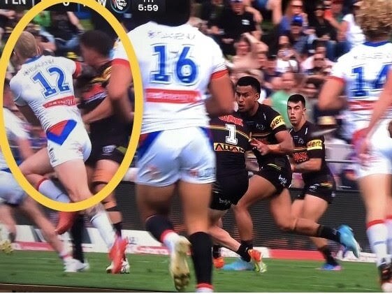 Screengrab .. NRL: Knights Vs Panthers in Bathurst. Knights' Mitch Barnett is sent from the field following this off the ball elbow incident on the Panthers' Chris Smith.