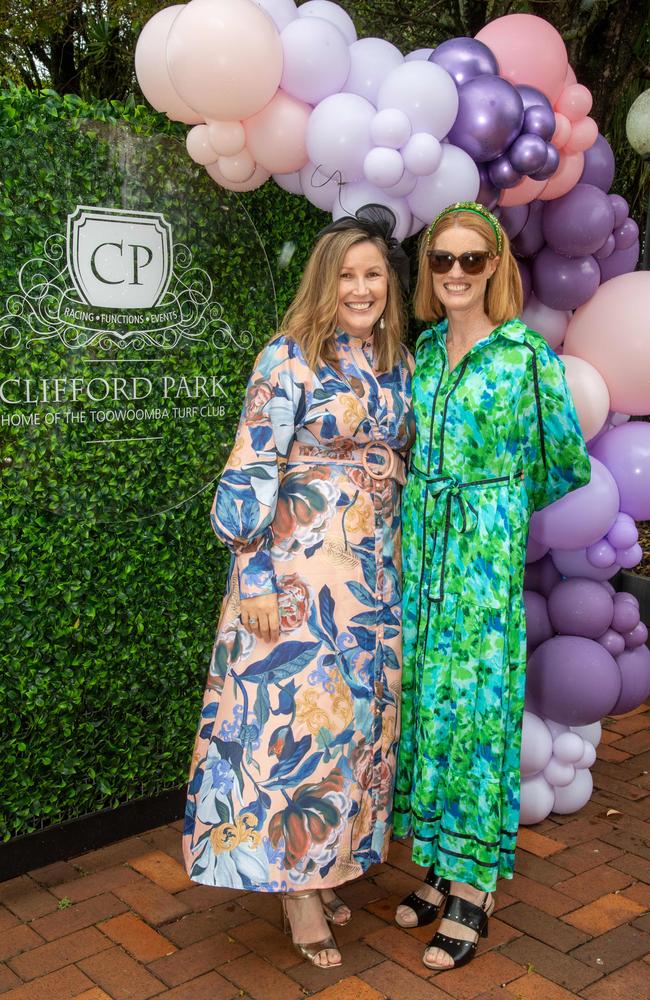 (From left) Louise Barrett and Jody Collins. Weetwood Raceday at Toowoomba Turf Club. Saturday, September 28, 2024. Picture: Nev Madsen.