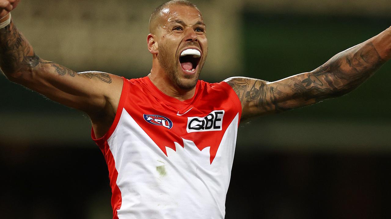 Sydney’s Lance Franklin celebrates as the final siren sounds. Picture: Michael Klein