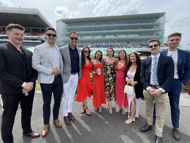 Keymoves Recruitment's Cass, Alex, Frank, Kiki, Hannah, Maria, Emily, Steph, James, Mickey P and Tom at the 2024 Oaks Day. Picture: Himangi Singh.