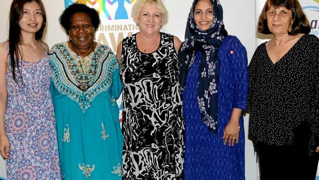 Tina Hu, Bridgette Saplos, Nusra Noorudheen, Michelle Landry, Pari Khalesirad at the multi-faith dinner in Rockhampton. Picture: Jann Houley