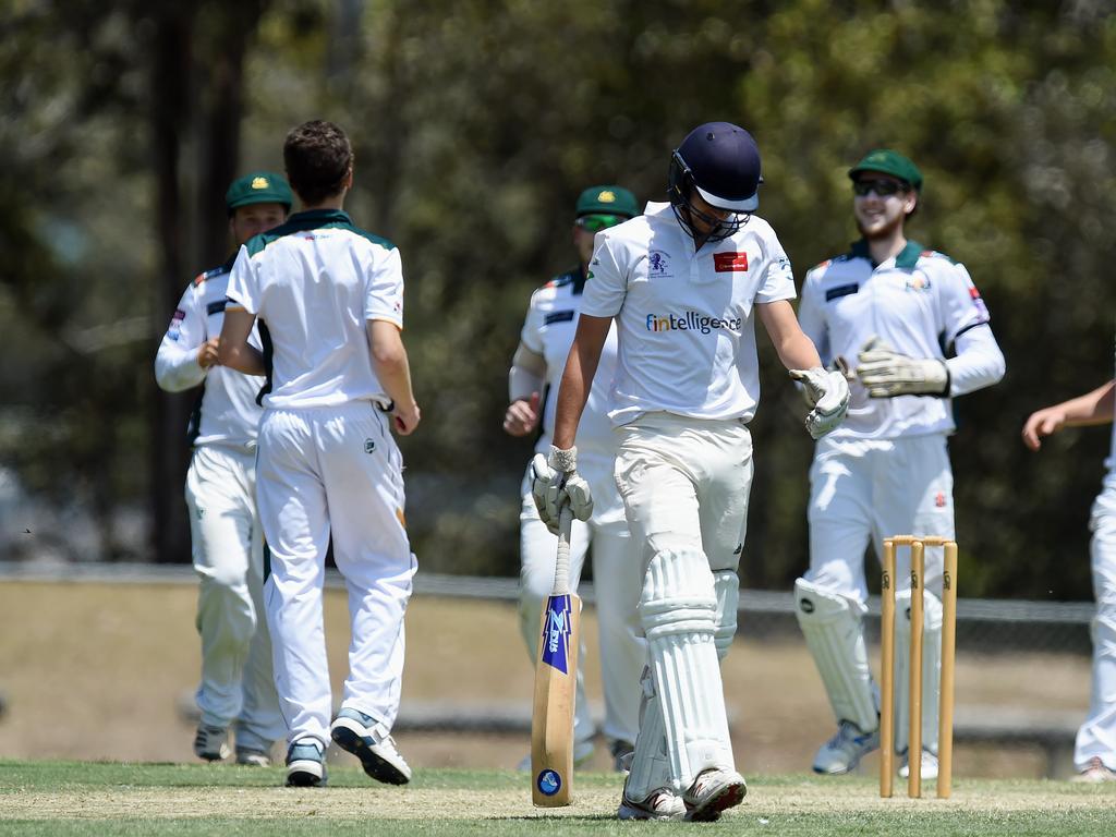 Kookaburra Cup cricket - Palm Beach Currumbin vs Helensvale Pacific Pines at Salk Oval in Palm Beach. Palm Beach batting. Batsman Rory Hanley out. Picture: Lawrence Pinder