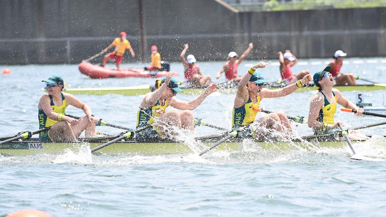 Australia's Ria Thompson, Rowena Meredith, Harriet Hudson and Caitlin Cronin create history. Picture: Charly Triballeau / AFP