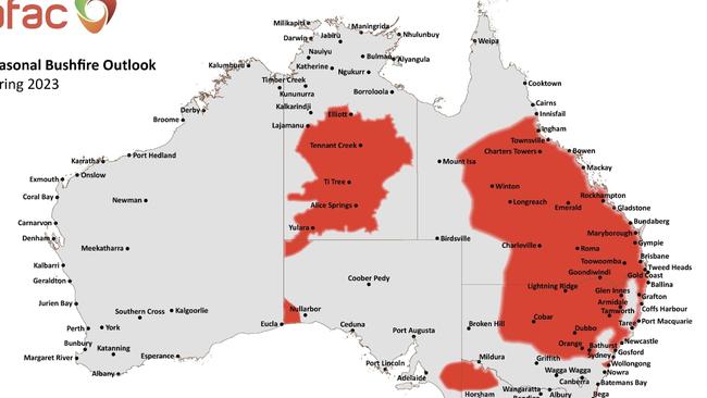 Red shading represents areas with an increased risk of fire – which AFAC defines as the likelihood of an increased number of significant bushfires occurring in the outlook period compared to average. Photo: WeatherZone