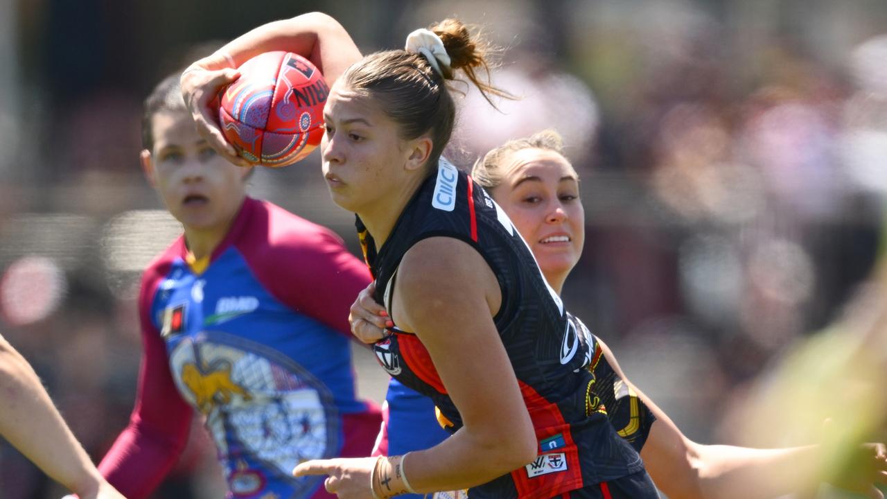 J'Noemi Anderson of the Saints is tackled during the round 10 AFLW match Picture: Quinn Rooney/Getty Images