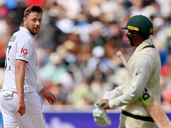 Ollie Robinson has plenty to say to Usman Khawaja over the course of the match. Picture: Stu Forster/Getty Images