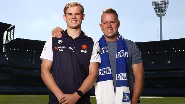 Jackson Archer, picture with his dad Glen, officially became a North Melbourne player on Thursday night. Picture: Michael Klein.