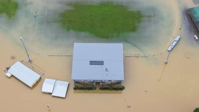Floodwaters ran through Tully Showgrounds on Friday evening as rain pummelled the Cassowary Coast. It's the second flood in just three months for the FNQRL's Tully Tigers, who play their home games at the Showgrounds.