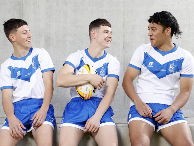 DAILY TELEGRAPH MAY 19, 2022. St Dominic'&#149;s College, Schoolboy NRL players from left Billy Thompson, Liam Ison and Cainan Hardiman at the school in Kingswood. Picture: Jonathan Ng