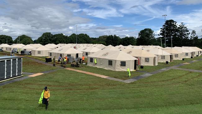 A tent city has been built at Wollongbar TAFE to house Australian Defence Force personnel and others helping with the flood recovery.