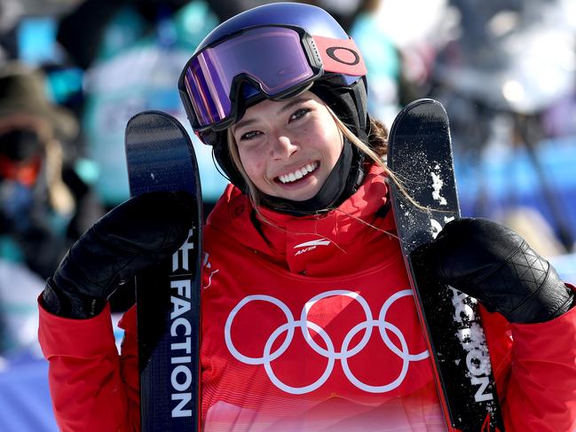 ZHANGJIAKOU, CHINA - FEBRUARY 18: Ailing Eileen Gu of Team China reacts after winning the Gold medal during the Women's Freestyle Freeski Halfpipe Final on Day 14 of the Beijing 2022 Winter Olympics at Genting Snow Park on February 18, 2022 in Zhangjiakou, China. (Photo by Ezra Shaw/Getty Images)