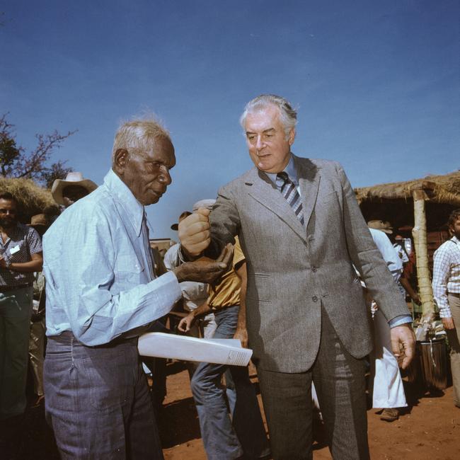 Mervyn Bishop Prime Minister Gough Whitlam pours Soil Into Hand Of Traditional Land Owner (Gurindji) Vincent Lingiari, Northern Territory (Wattie Creek) 1975; printed 1990 cibachrome photograph 30.5 × 30.5 cm (image) National Gallery of Victoria, Melbourne Purchased, NGV Foundation and NGV Supporters of Photography, 2021