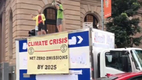 Protesters block Edward Street in the Brisbane CBD. Picture: 7 News