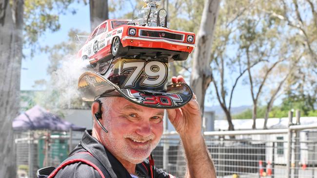 Darren Nayda wears his car hat at the Adelaide 500. Picture: Brenton Edwards