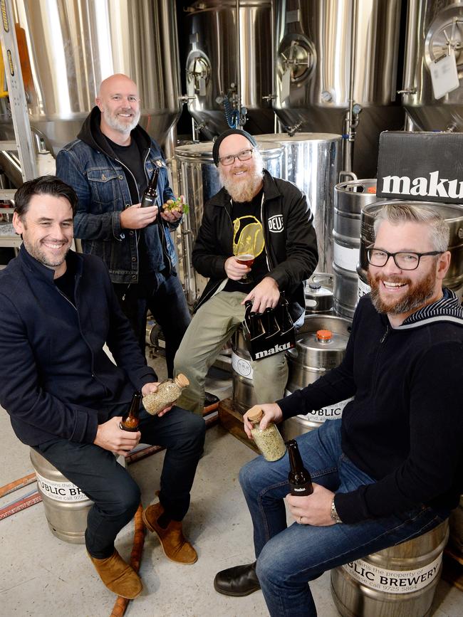 Adam Guskich, Todd McClellan, Dale White and Michael Smith at their brewing HQ in Warrandyte South. Picture: Steve Tanner