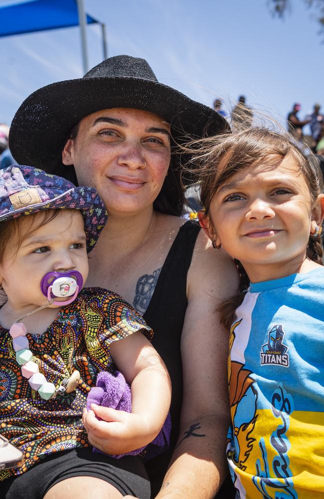 Caitlyn McCarthy with daughters Navy-Reign (left) and Ayla McCarthy supporting the SWQ Mandana at the Warriors Reconciliation Carnival at Jack Martin Centre, Saturday, January 25, 2025. Picture: Kevin Farmer