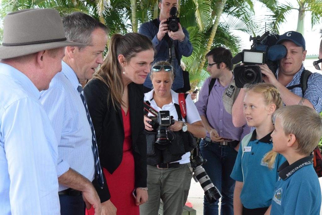 Leader of the Opposition Bill Shorten meets Beaconsfield State School school captains Georgianna Cantwell and Caleb Johns. Photo: Emily Smith