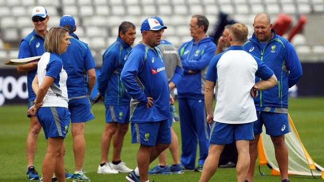 Australia's head coach Darren Lehmann (C) takes part in a training session at Edgbaston