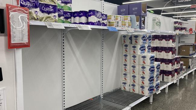 Gaping holes had formed in the toilet paper aisle at Coles Mount Gambier on Thursday morning with customers now limited to one pack each. Picture: Arj Ganesan