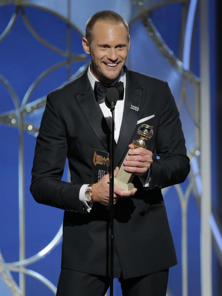 Alexander Skarsgard accepts the award for Best Performance by an Actor in a Supporting Role in a Series, Limited Series or Motion Picture Made for Television for Big Little Lies during the 75th Annual Golden Globe Awards. Picture: Getty