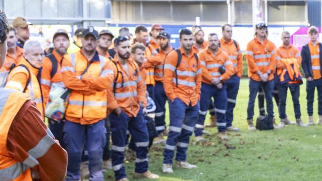 Brisbane Cross River Rail workers outside Albert Street worksite, Tuesday, April 30, 2024 - Picture: Richard Walker