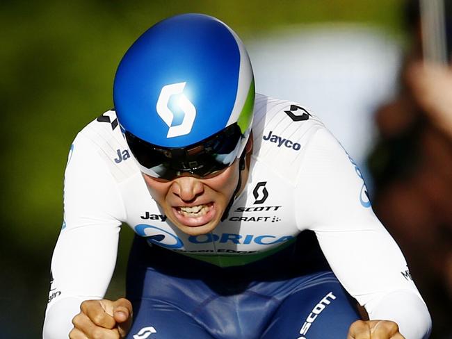 Herald Sun Cycling Tour 2016. Prologue. Caleb Ewan of the Orica GreenEdge team hits the finish line to record todays fastest time . Pic: Mchael Klein