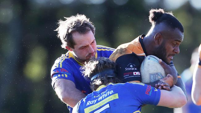 Jeremiah Ratabua charging into the Toukley defence. Picture: Sue Graham