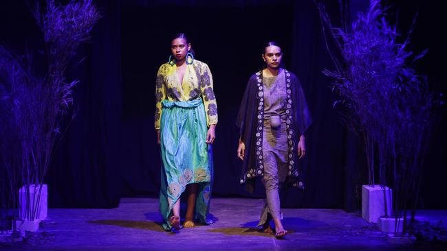 A model showcases the Gulayi collection from designer Chantel Henley at the Cairns Indigenous Art Fair fashion performance, Woven, held at the Tanks Arts Centre, Edge Hill. Picture: Brendan Radke